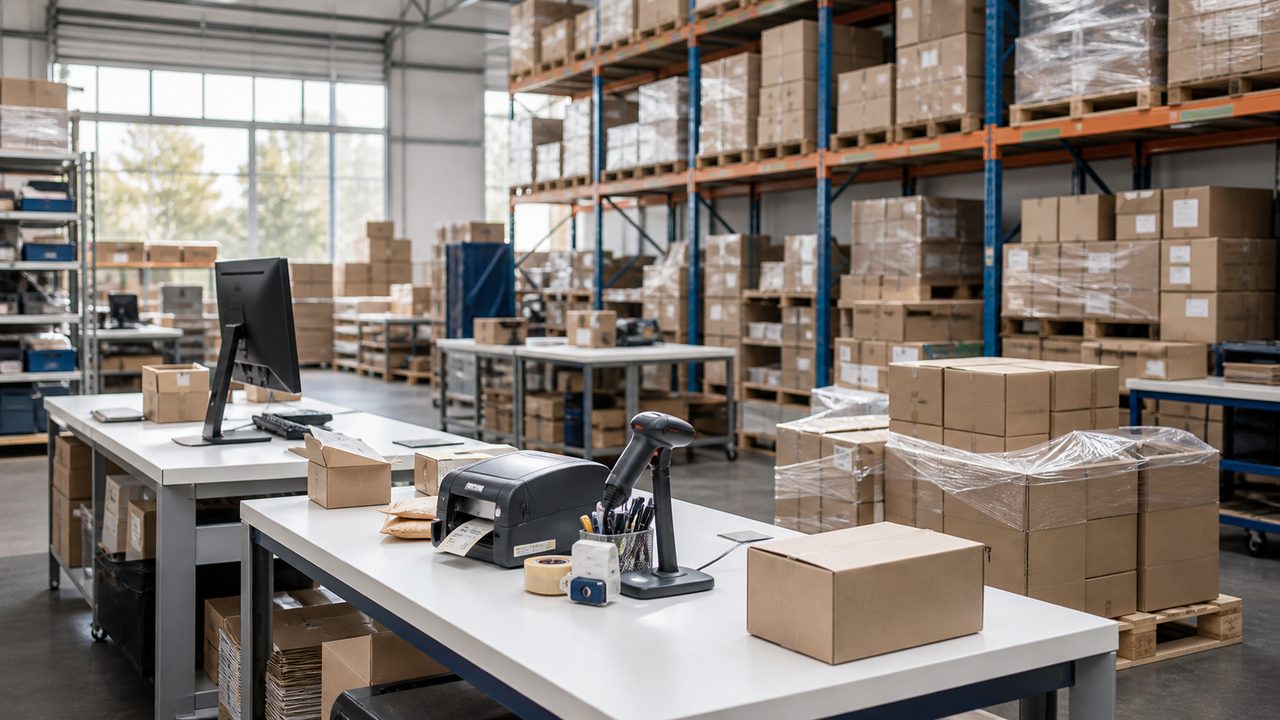 Webshopmagazijn met voorraad en apparatuur klaar voor veiling
